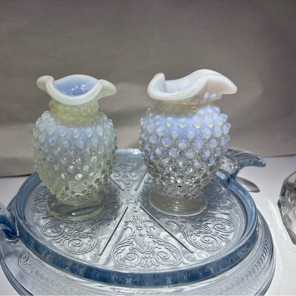 Vintage 2 Fenton Art Glass White Opalescent Hobnail Mini Vase Crimped Top.